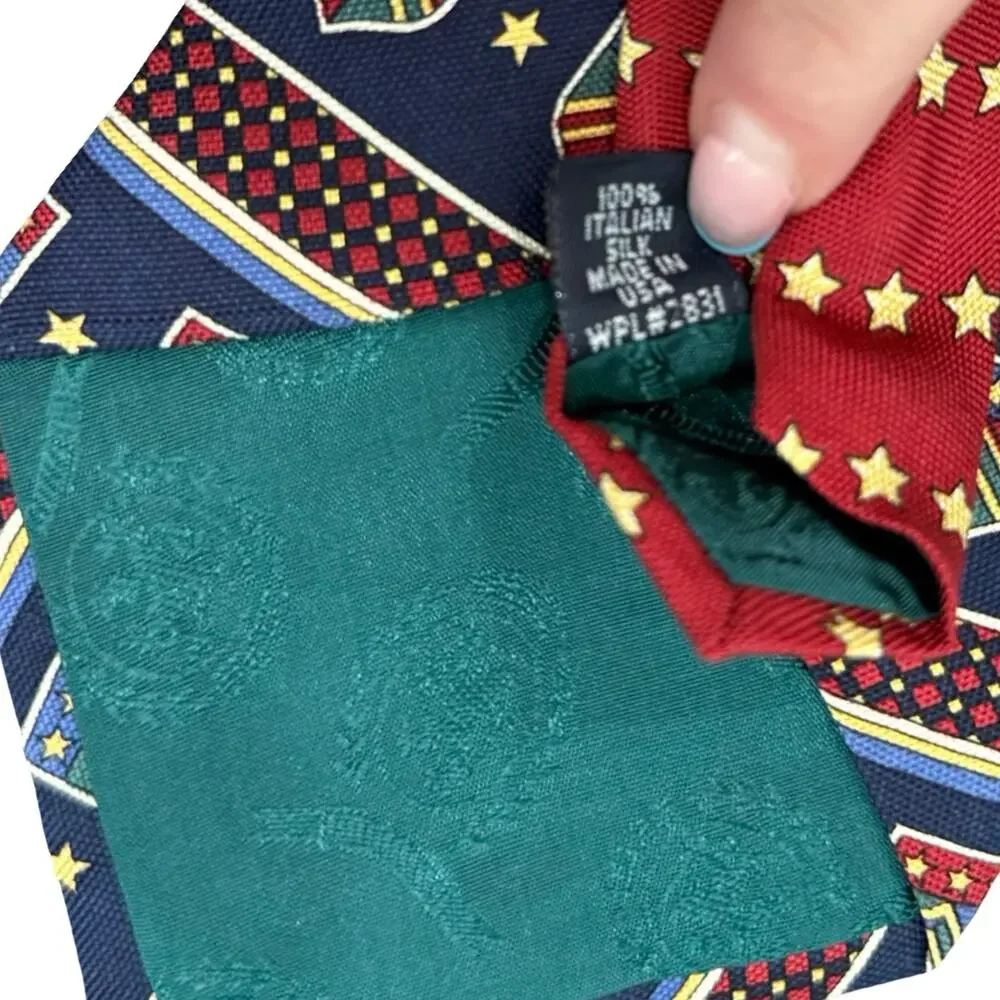 Vintage Tommy Hilfiger Shield Crest Logo 100% Silk Blue Red Stars Tie Necktie